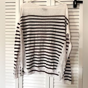 Vince 100% Linen Breton Boat Neck Striped Sweater - White/Brown Stripes